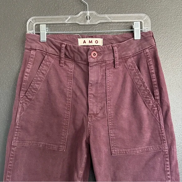 AMO Easy Army Trouser Pants Size 25 Burgundy High Rise Utility Crop Raw Hem - Picture 3 of 10
